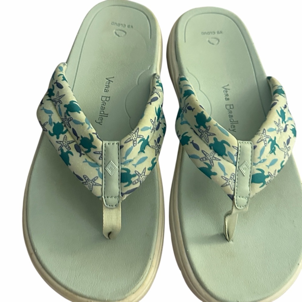 Vera Bradley Cloud Flip Flops, Blue Shades Tiny Turtles Pattern Size 10